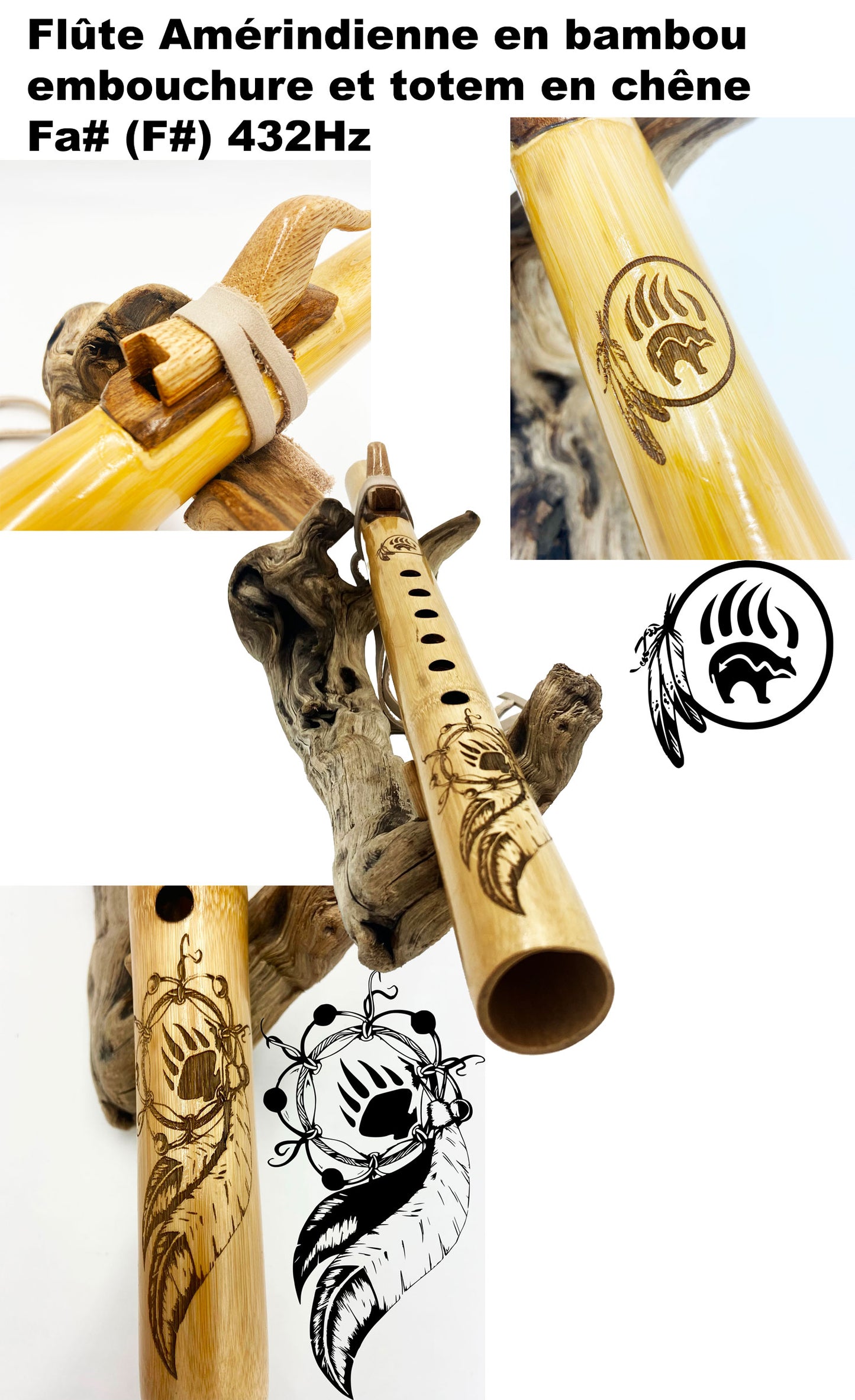 Flûte Native Américaine F# 432Hz en Bambou – Gravure Ours et Plumes
