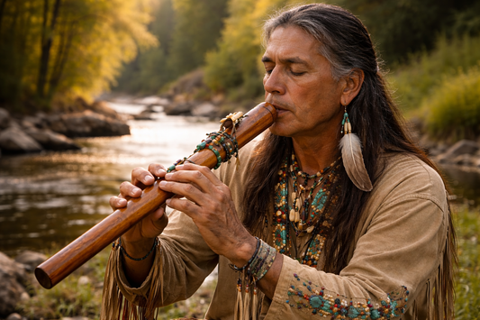 Un musicien jouant sereinement d'une flûte amérindienne en bois dans un décor naturel.