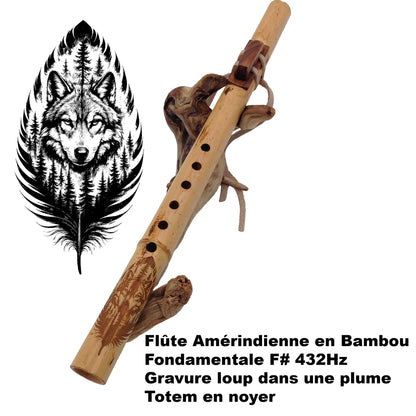 Flûte Amérindienne en Bambou – Fa# (F#) 432Hz – Gravure Loup & Totem en Noyer