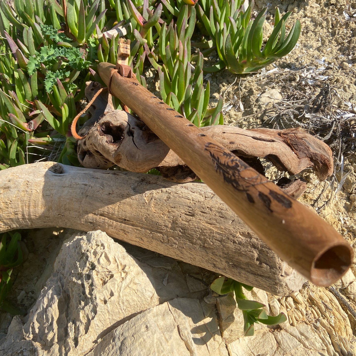 Native American Oak Meditation Flute - Wolf Head and Walnut Totem