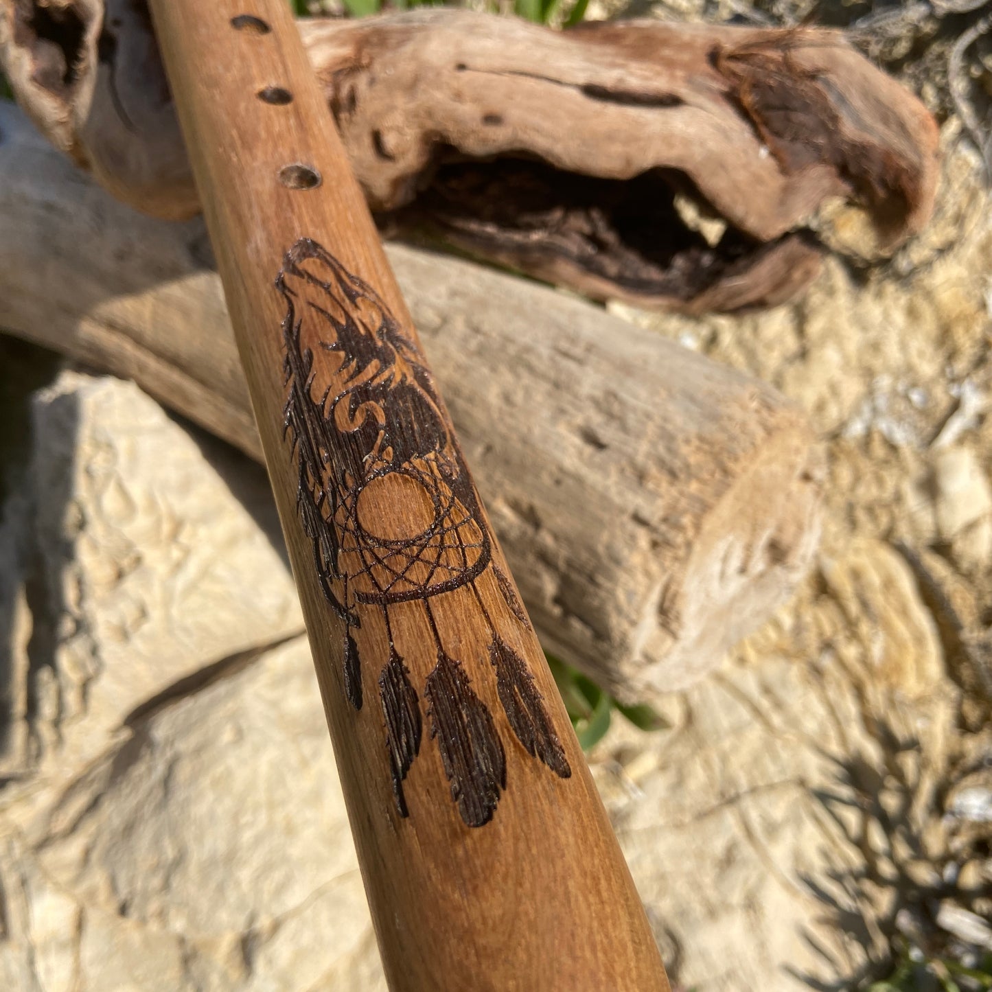 Native American Oak Meditation Flute - Wolf Head and Walnut Totem