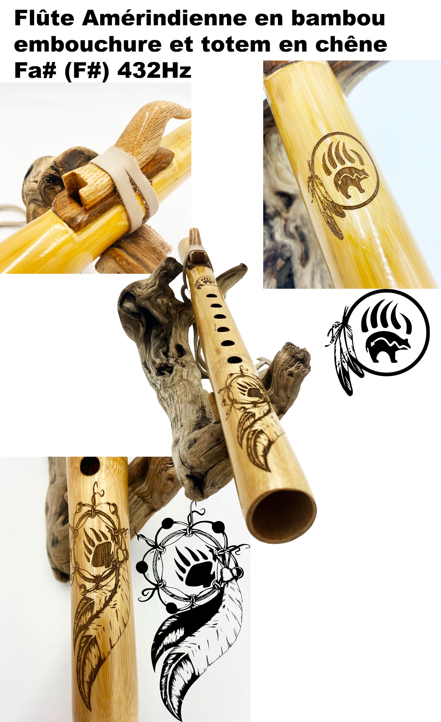 Flûte Native Américaine F# 432Hz en Bambou – Gravure Ours et Plumes