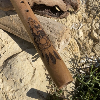 Native American Oak Meditation Flute - Wolf Head and Walnut Totem