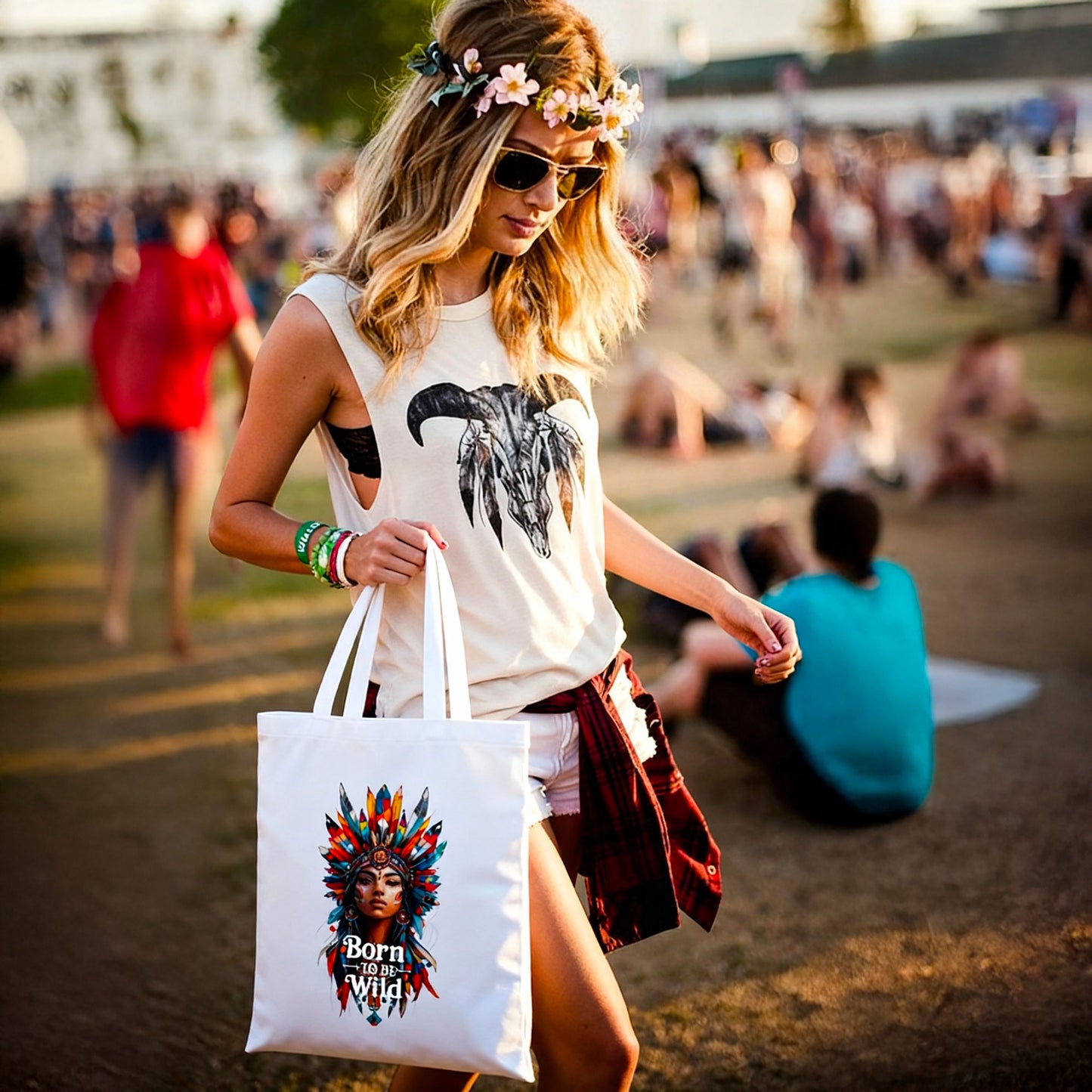Tote bag blanc imprimé d’une femme amérindienne colorée avec inscription Born to be Wild